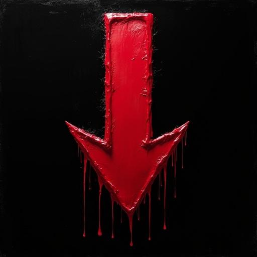 A down arrow designed with thick dark red paint resembling blood. The arrow shows drips and splatters with a glossy finish. The background is solid black.