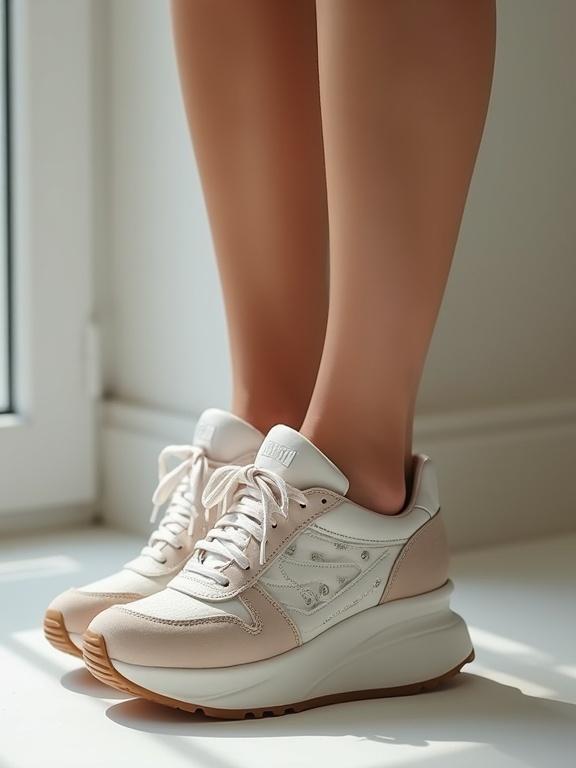 Woman's feet wearing platform trainers with thick soles. Side view showcases stylish design. Well-manicured toes visible. Bright natural lighting highlights the shoes.