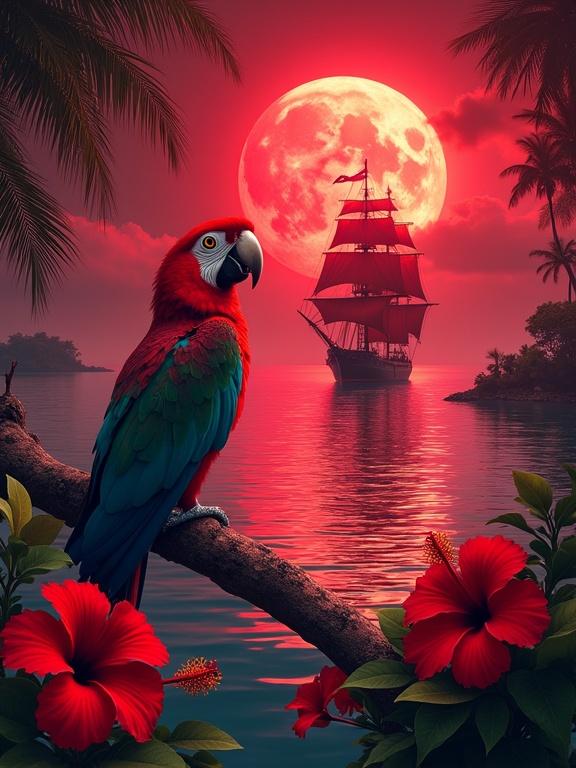 Vivid surreal seascape with red theme. Majestic pirate ship with red sails on calm waters. Large red moon reflecting light. Colorful parrot on branch with hibiscus flowers. Background features tropical foliage and islands. Dreamlike atmosphere with fantasy elements. Highly detailed and wide shot.