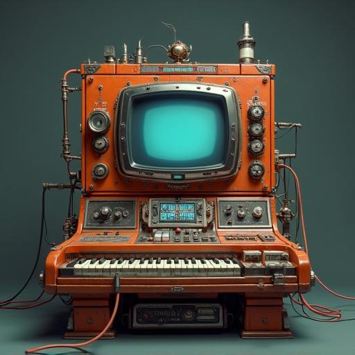 3D model of a retro-futuristic computer featuring numerous buttons and consoles. Design includes wires and a steampunk aesthetic. No background present.