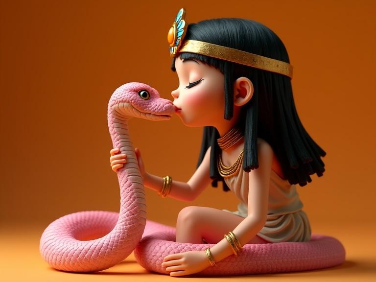 Cleopatra interacting with a pink muscular snake in an elegant pose. The background features an orange tangerine color. The composition is harmonious, styled in a 3D Disney animation aesthetic.