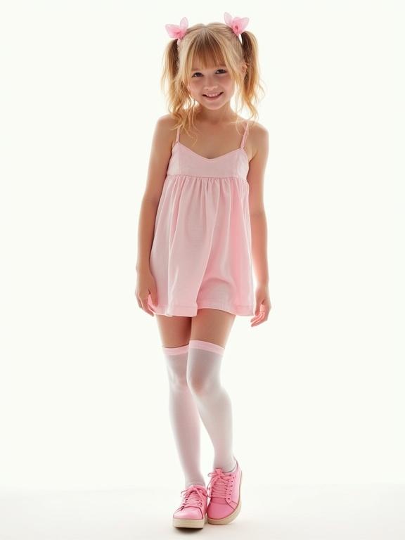 Full body photo of a girl wearing a mini sundress. Background is white. She has twintails with bows and wears pink shoes. The image has a youthful and playful appearance. The photo is bright and slightly pixelated.