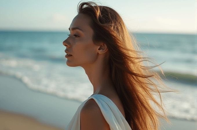 A woman with long, flowing hair stands on a beach, gazing pensively out to sea as the wind gently tousles her hair.