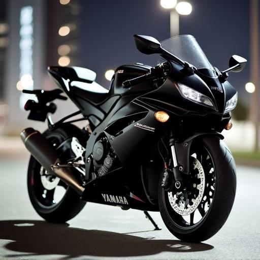 Image of a black sport motorcycle parked on a street at night. Motorcycle has sleek design sharp lines and powerful stance. Background shows urban setting with modern buildings streetlights.