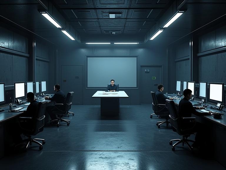 Cinematic image of a dark interior with a low ceiling. Blocky smooth bevel surfaces create a modern atmosphere. Central white strategy table surrounded by military personnel. Bright monitors illuminate the room. Metal doors and dark texture floors add depth. LED lights create visual contrast. Professional setting reflects technology and realism.