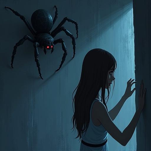 Kim prepares for her bath in a dimly lit tower room. A large dark spider with glowing red eyes sits on the wall. The spider's form is angular and predatory. It watches Kim closely. Subtle animations like twitching legs and pulsing eyes add tension. A cool breeze ruffles Kim's hair, enhancing the scene's mystery.