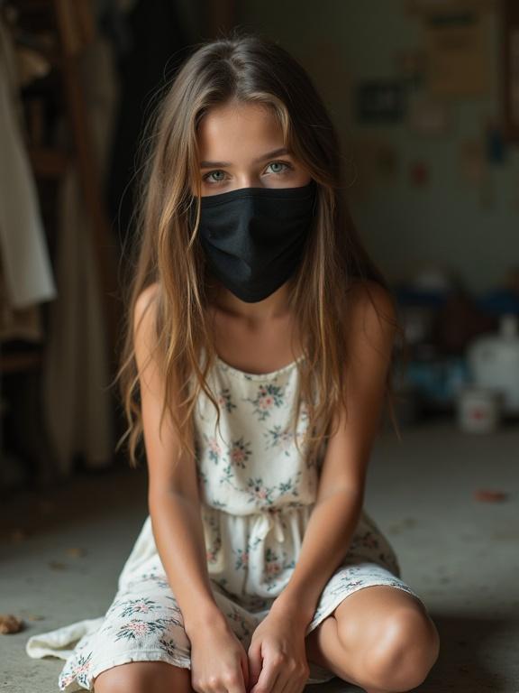 Photorealistic image of a teenaged girl in a cluttered storage room. She has long brown hair and green eyes. Wearing a floral sun dress and a black mask. Sitting on the floor with arms behind her back. Soft lighting enhances detailed features.