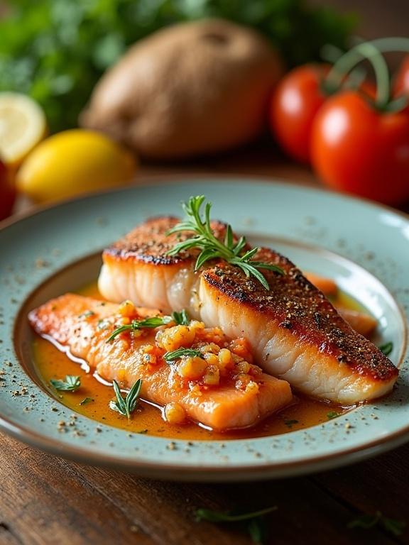 Rustic kitchen table with healthy fats food. Cooked salmon fillets with seasoning. Olive oil in the background. Natural light setting. Fresh colors.