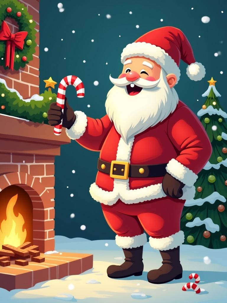 Illustration of jolly Santa Claus standing beside decorated fireplace. Candy cane in hand. Snowy background with Christmas tree.