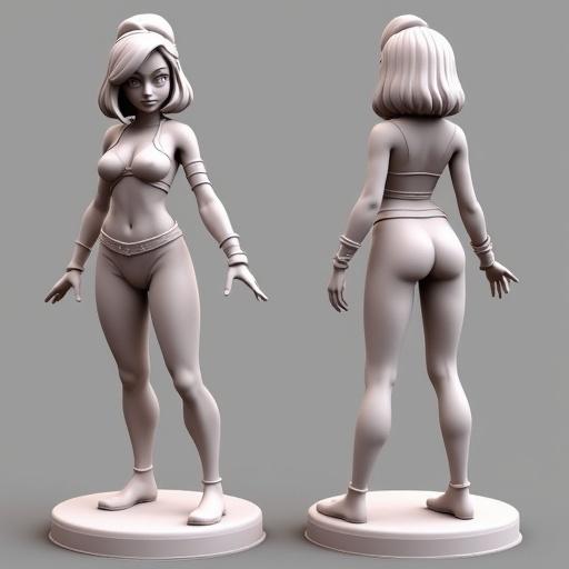 3D sculpt represents feminine Pokemon trainer in a-pose. Features hourglass shape and stylized body. No clothing or accessories. Created with ZBrush and rendered in clay style. Includes front, side, and back views.