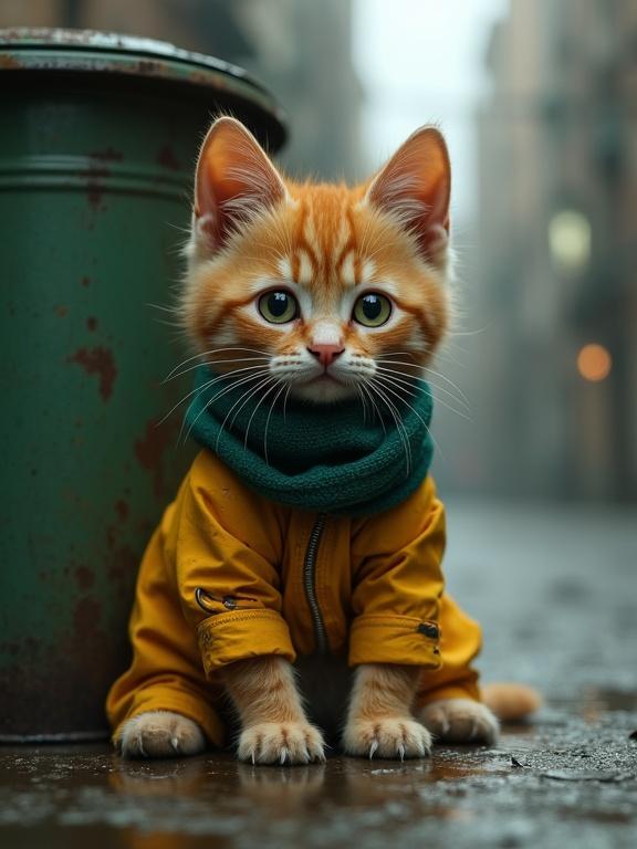 A 3D render of a sad ginger tabby kitten dressed in an oversized yellow-orange jacket and teal-green scarf. The kitten sits in a gritty urban alleyway next to a rusty green trash can. The environment is damp and reflects an overcast sky. The lighting is soft and natural. The scene evokes feelings of pity and loneliness.