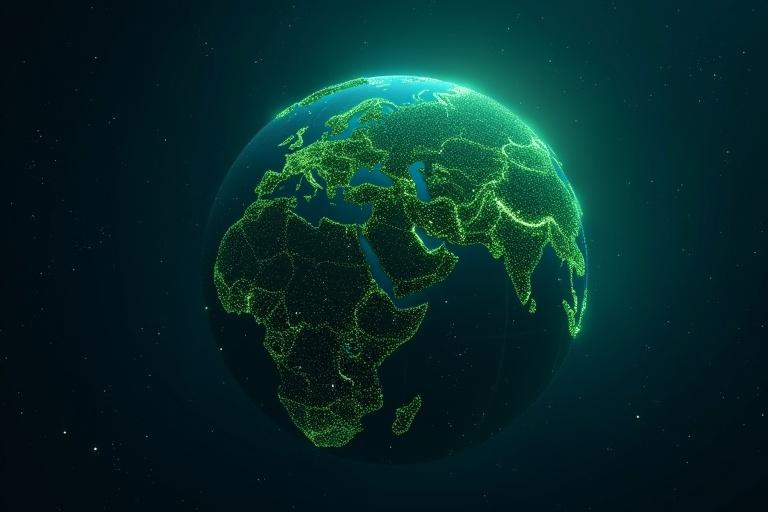 A dark blue starry background creates a cosmic feel. A glowing globe of Earth is visible with green accents. Green particles surround the globe symbolizing growth and renewal.