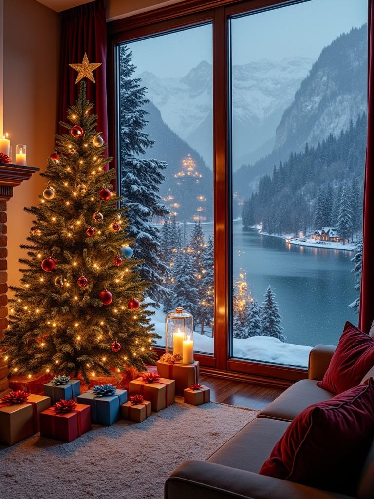 Christmas theme with elaborate decorations featuring a dark green Christmas tree surrounded by many gifts in red, blue, yellow, and orange silk paper with ribbons. A cozy living room in off white and maroon at night with a fireplace. Large wall-sized glass windows show snowfall and snowcapped mountains by the river. Maroon designer flowy curtains enhance the festive look.