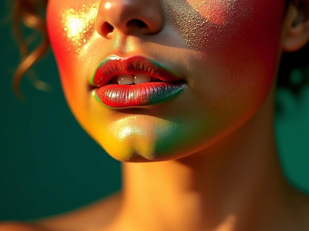 This image features a close-up of a woman's shoulders and lips highlighting vibrant colors painted on her skin. The colors blend harmoniously with red, yellow, and green hues creating a striking visual. Gold glitter adds a touch of elegance and sparkle to the overall aesthetic. The soft lighting accentuates her natural beauty and the detailed makeup. This artistic representation evokes creativity and celebrates beauty in diverse forms.