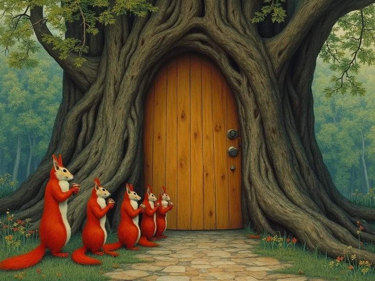 A giant tree with a wood door at its base. Red squirrels with acorns are lining up at the door. The background features soft green foliage.