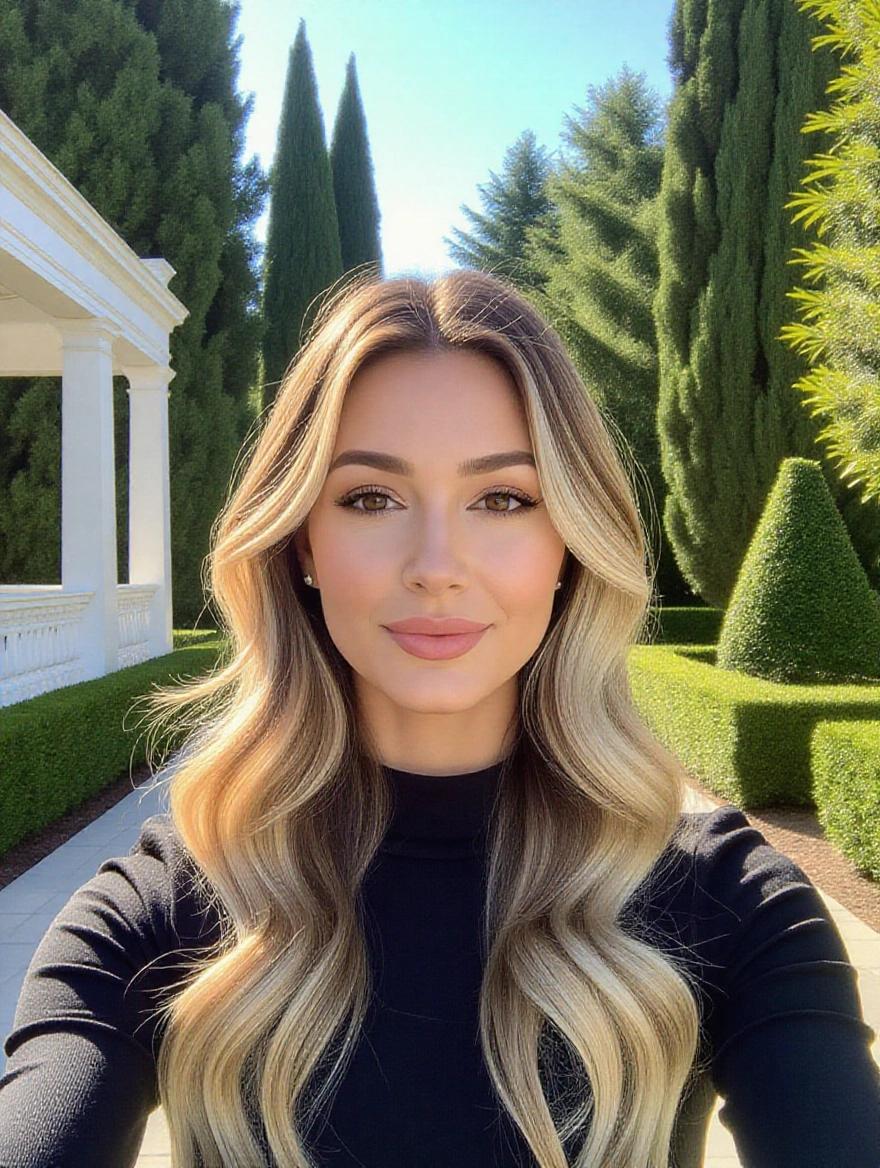 Vibrant outdoor selfie in a serene garden. Dense greenery with tall trees and trimmed bushes. Portion of white architectural structure visible. Person with long blonde hair in loose waves. Fitted black top with a deep neckline and tied detail. Bright and diffused natural lighting. Classic selfie angle with person centered in frame. Relaxed summery mood.