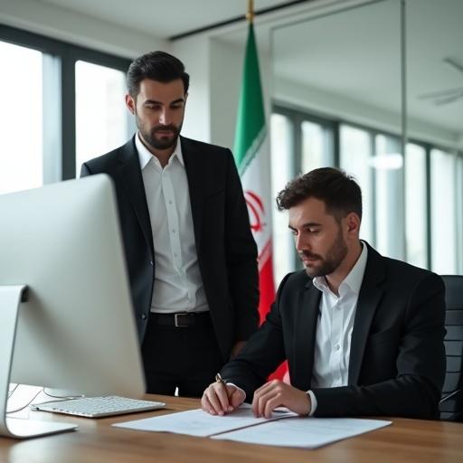 Two Middle Eastern men in their thirties in black suits are in a modern office. One man stands behind a computer screen looking at the iMac. The other man sits at a wooden desk looking intently at the iMac. Both men have square shoulders and wear white collared shirts without ties. The office has bright white walls and glass partitions. Natural light creates a bright atmosphere. The mood is professional and focused with relaxed expressions. The Iranian flag is visible in the background. The composition focuses on both men with a medium-angle view.