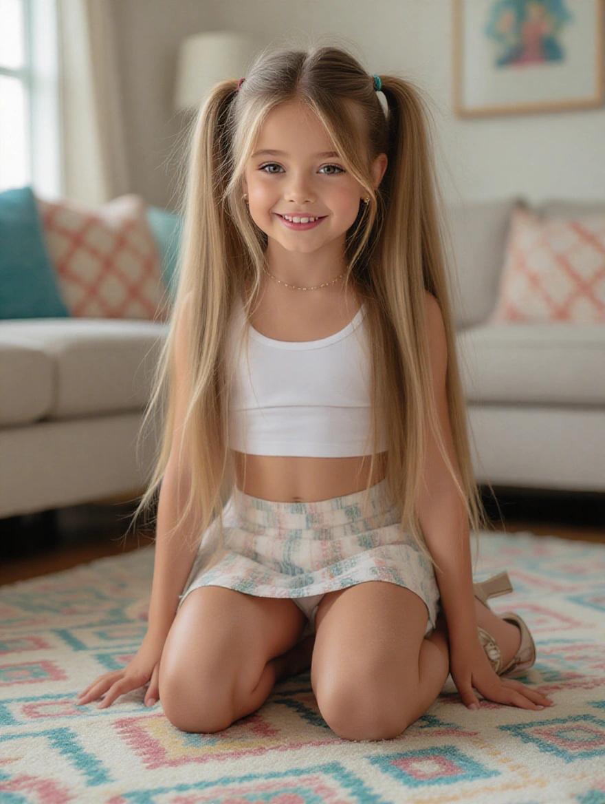 Realistic photo capturing young girl with long blonde hair styled in twin tails. She wears a crop top and short skirt with high heels. She kneels on a colorful rug in softly lit living room. Hands placed on the floor in front of knees. Flirty smile visible.