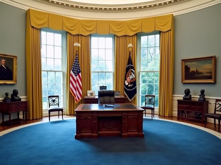 Interior of the Oval Office featuring a formal presidential desk surrounded by golden yellow drapes and large arched windows. Pale gray walls complement dark wood furniture. Rich blue carpet covers the floor, with American flags displayed. Photo displays and light wood floors enhance the decor. Wooden bookshelves hold various items, while busts and portrait paintings add character. The desk has detailed carvings and is accompanied by x-shaped chairs. The overall mood is serious and traditional with a neutral-toned color palette and soft lighting.