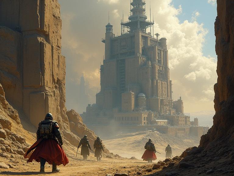 A dramatic, dystopian landscape featuring a group of warriors approaching a large, futuristic palace. The scene showcases a chaotic atmosphere reflecting a defense mission. The architecture is grand and imposing; a rugged terrain leads towards the castle. Soldiers in exaggerated military gear are positioned to invoke a sense of urgency and tension.