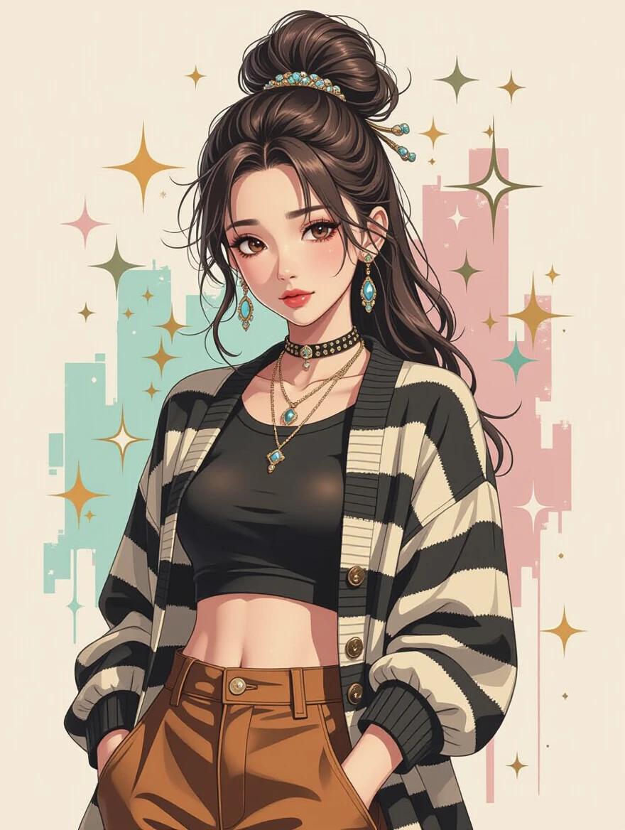 Portrait of a woman with heavily styled hair. She wears a black and white striped cardigan and brown pants. The background has a semi-abstract and vibrant design. The colors evoke modern fairy-tale themes, with sparkling details and a touch of magic. The artwork mixes Chinese ink painting elements with digital aesthetics. Focus on fashion and emotion, capturing a unique futuristic vibe.