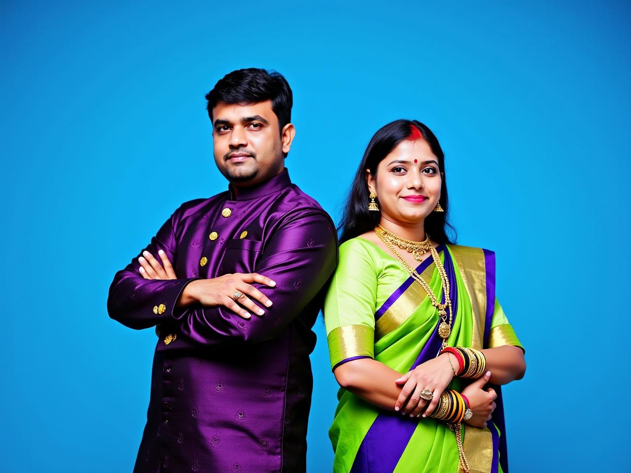 The image features two individuals standing side by side against a blue backdrop. One person is dressed in a deep purple traditional outfit, displaying intricate patterns, with arms crossed confidently. The other person is in a bright green and purple traditional saree, adorned with jewelry and bangles, holding their arms close. They both have a poised demeanor, enhancing the festive atmosphere of their attire. The lighting highlights the details of both outfits, emphasizing their cultural significance. This portrait captures a moment of unity and celebration.