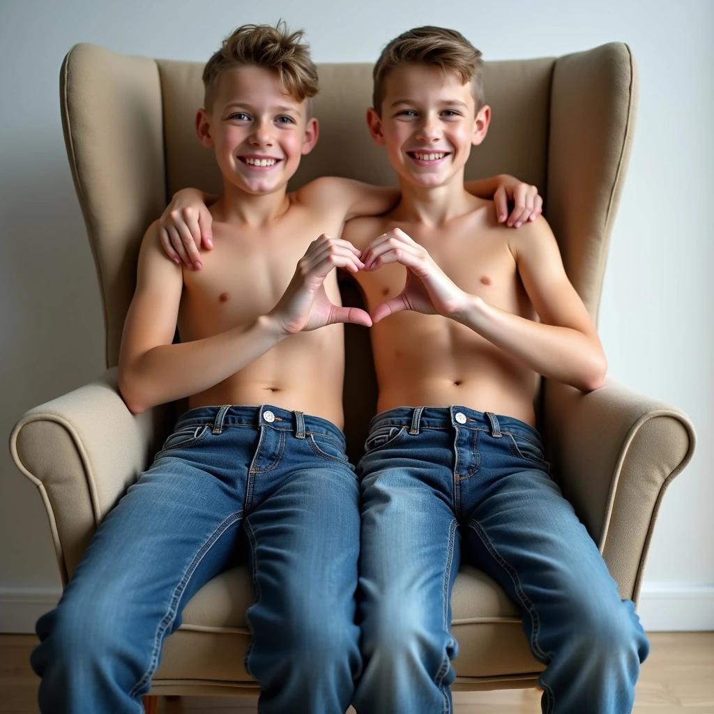 Two boys sit together in a high back chair. Both are shirtless wearing jeans. They smile at the camera. Each boy uses one hand to form a heart sign together.