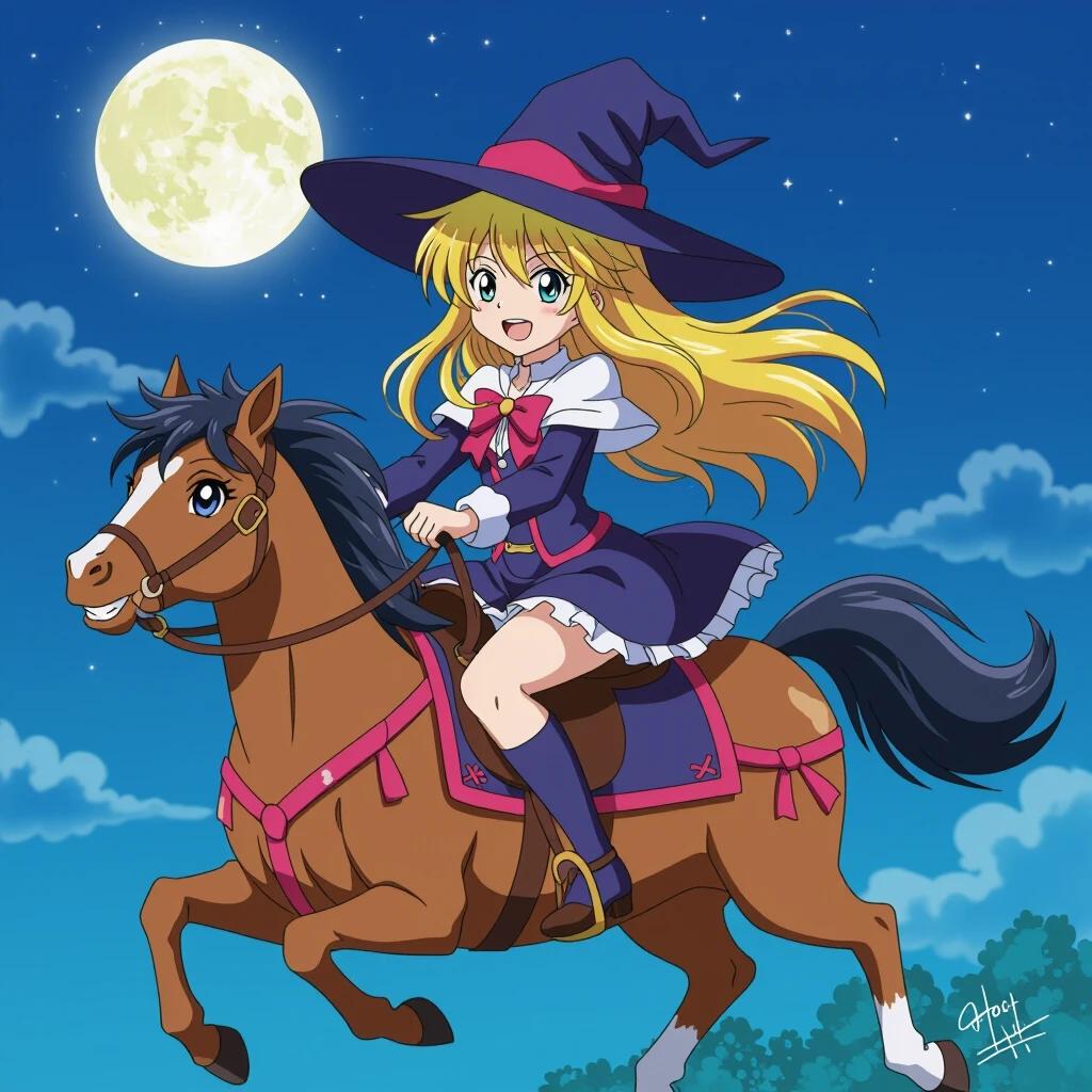 A witch in a big hat riding a horse under a bright moon. The witch has long blonde hair and wears a magical dress. The background features a nighttime sky with clouds.