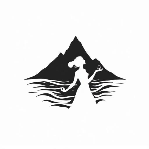 Logo design in fine line style. Simple waves on the right. Left side features a silhouette of a woman crouching, touching the wave peak sensually with her forehead. Background has a simple outline of a mountain. White background with black logo.