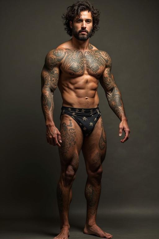 A muscular man wearing revealing swimwear showcases his tattoos. Full body view emphasizing strong arms, defined stomach, and powerful legs. Natural pose on a neutral background.