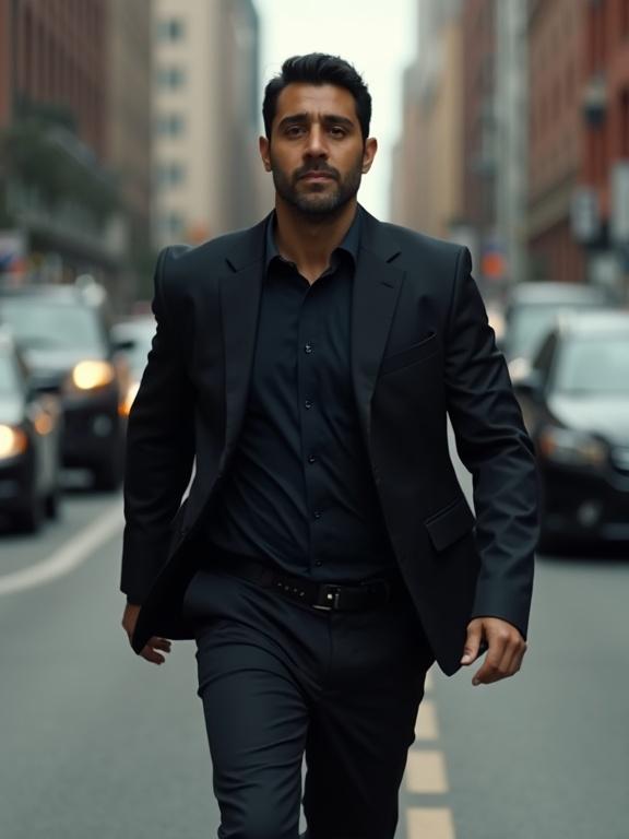 A latino man in a dark suit and dark shirt runs down a busy street. He looks back at the camera as he runs. The street is filled with cars. The atmosphere looks tense and realistic.