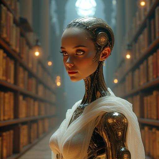 An android girl stands in a magical library filled with ancient books. She has a symmetrical face with translucent skin and amber eyes that glow with data. Her body has a brass texture with engravings, and she has auxiliary arms for books. She wears a sheer robe made of optical fibers. The library has tall bookshelves, ancient pillars, and mystical light. Moonlight casts shadows, creating a serene atmosphere.