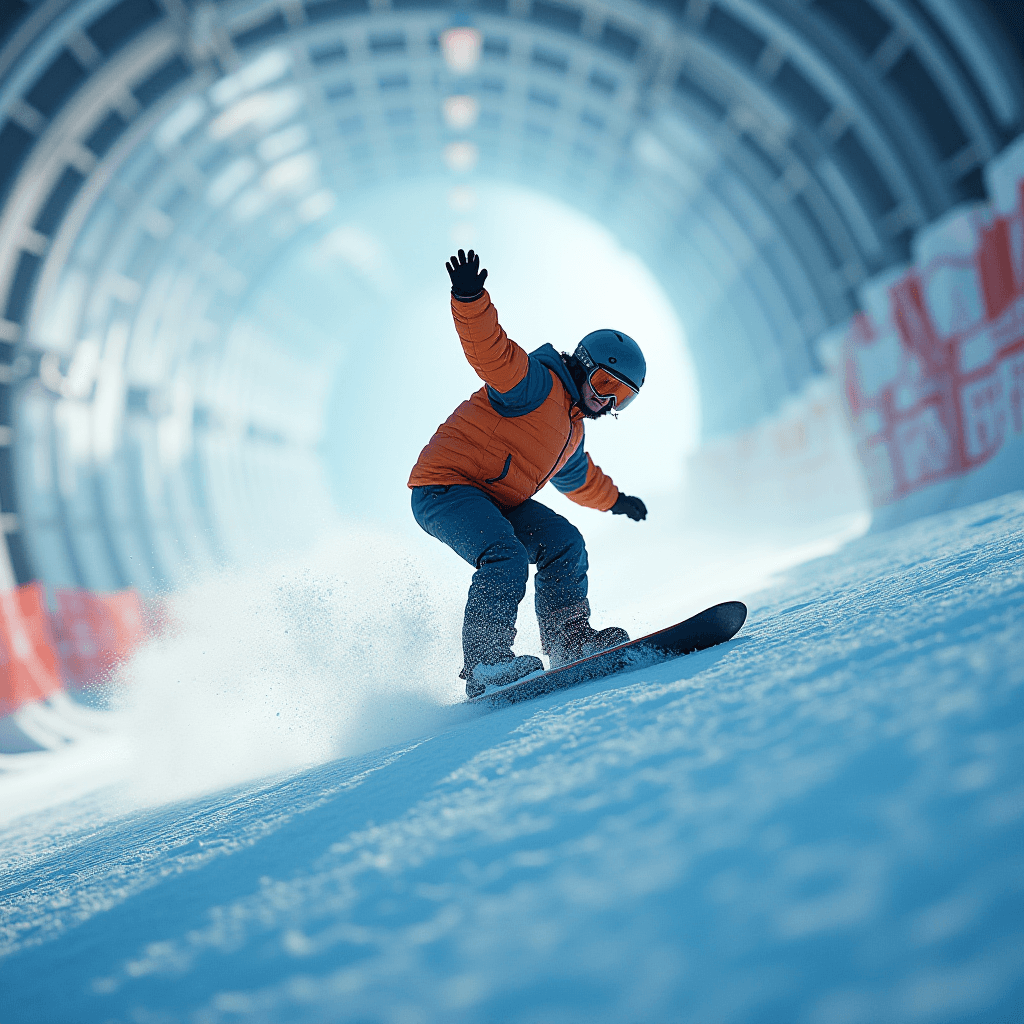 A snowboarder in a bright jacket riding through an arched snow tunnel.