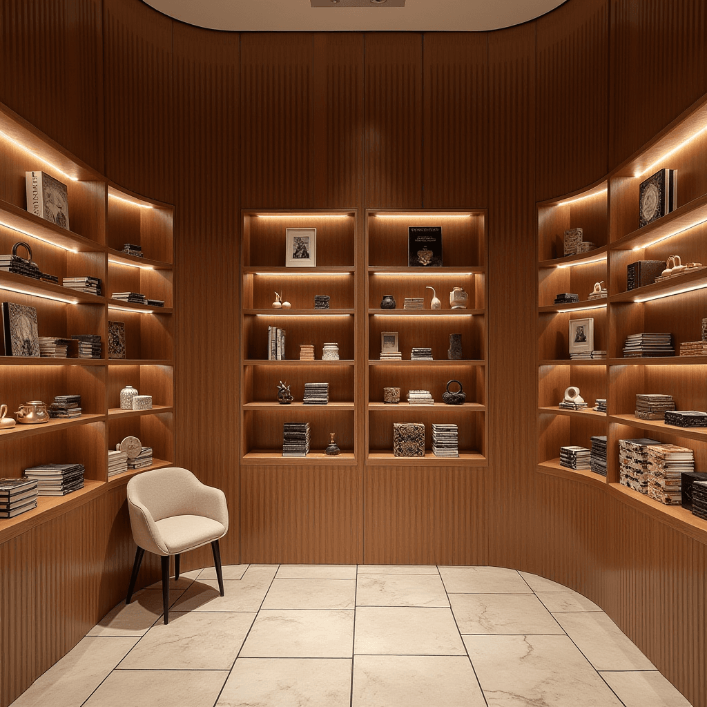 A stylish wooden bookshelf-lined room with a single chair and warm lighting.