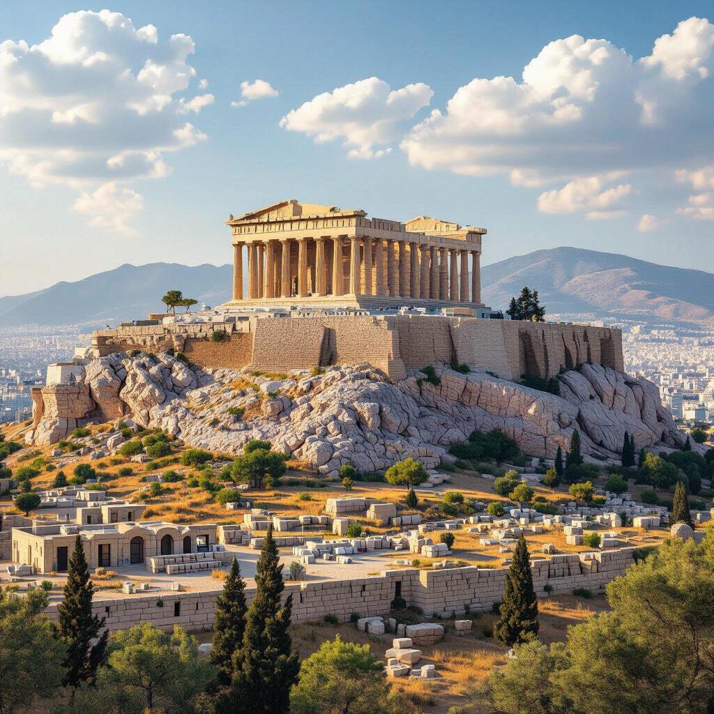 Create a realistic photograph of the Acropolis in Greece. Show the Parthenon on the rocky hill. Capture the surrounding landscape with greenery and distant hills. The sky should be bright with fluffy clouds.