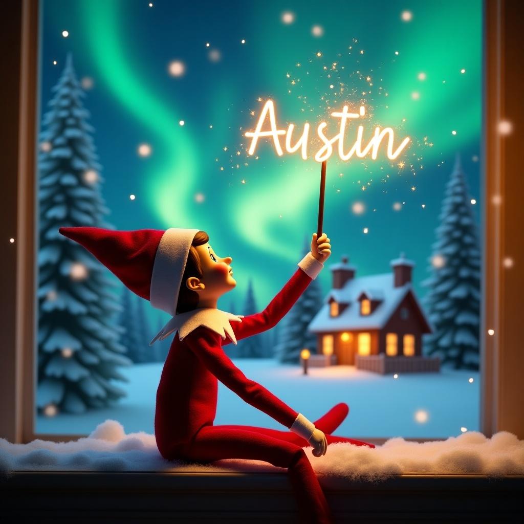 An elf on the shelf sits with its back to the viewer, gazing skyward. It holds a glowing wand that emits sparkling light. The background showcases a charming Christmas scene with colorful northern lights swirling above. In the distance, a cozy house can be seen, decorated for the holidays. Snow covers the ground, adding to the winter atmosphere. The elf is in a playful position, embodying the spirit of magic and wonder associated with Christmas. The name 'Austin' is written in the air using the wand, creating a sense of holiday cheer.