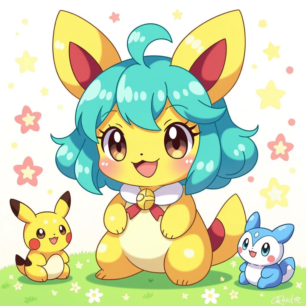 Cute chibi version of a Pokémon character named Lillian. Character has bright yellow fur with turquoise hair. Cheerful expression with large eyes. Two smaller Pokémon on either side. Background features pastel stars and a grassy area.