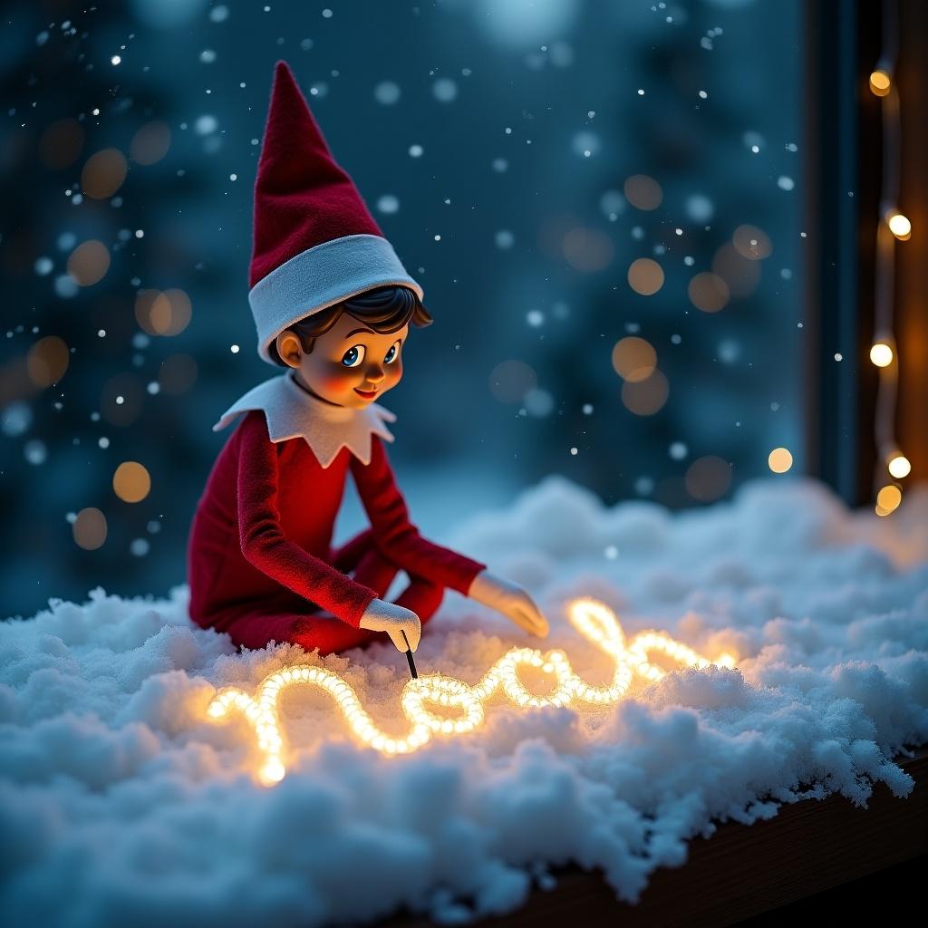 Elf on the shelf writing the name Noah in the snow using magic lights. The name is artistically written in cursive. Soft snow surrounds the elf.