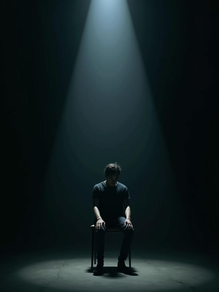 A shadowy room has darkness with no noticeable features. A person is sitting on a modern chair. The body language appears slouched. The atmosphere feels eerie. A spotlight shines directly above, illuminating the person's face. Shadows emphasize their expression. The moment feels timeless as silence is broken by a voice delivering a warning.