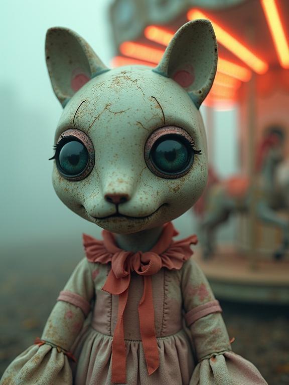 Image features a creepy doll with chimera toy-animal fusion. Stitched textures and cracked porcelain are evident. Pastel fog enhances an eerie carnival atmosphere. Doll has mismatched button eyes. A rusted carousel is in the background with glowing neon seams. The overall feel is uncanny and whimsical, reflecting a forgotten toy aesthetic.