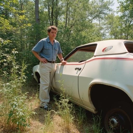Casual snapshot featuring a person in a denim shirt and light pants standing next to a partially visible white car with red striping. The car looks abandoned among thick brush. Natural light filters through trees, creating shadows. Wild grass grows around the car. 1990s film photography style with muted colors and grainy texture.