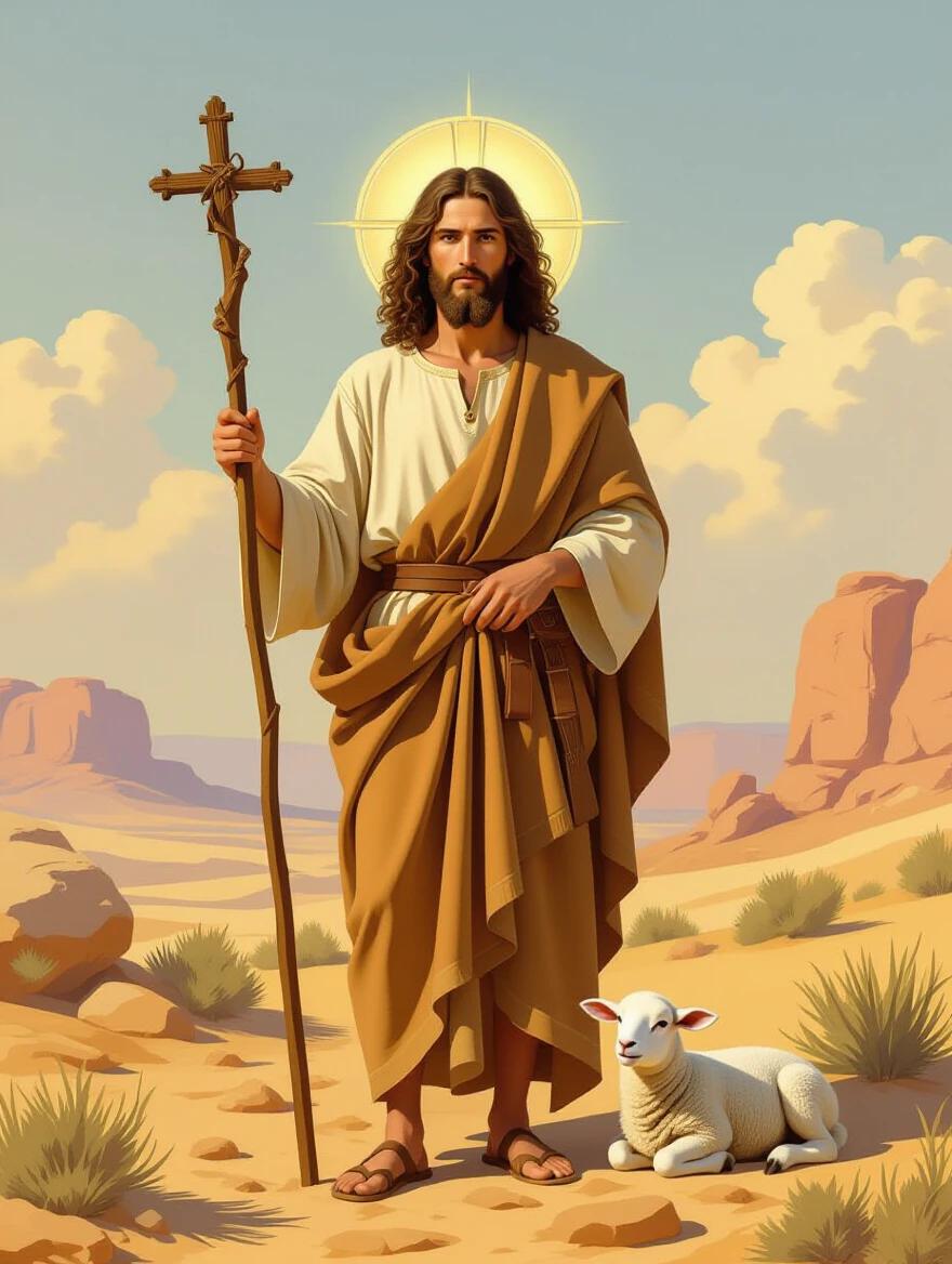 A high-resolution digital painting of Saint John the Baptist in a desert landscape. He wears a camel-hair robe tied with a leather belt. He holds a wooden staff with a small cross on top. He has long curly hair and a beard, with an intense expression. Behind him is a subtle halo. A lamb rests near his feet. The scenery includes desert tones and soft clouds.
