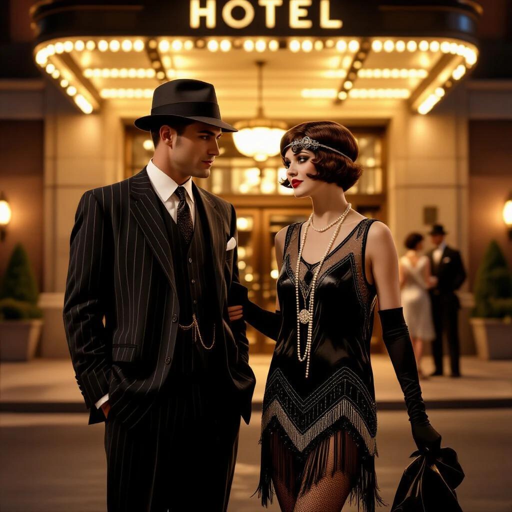 A warm night scene from the 1920s. A couple stands at the hotel entrance. The man wears a striped suit and hat. The woman is in a short flapper dress with accessories. Ultra realistic depiction of vintage style and ambiance.