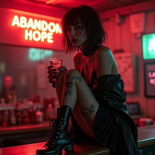 Goth woman perches on bar counter. Clad in ripped fishnets and Doc Martens. Jet-black shag haircut with violet underlayer. Holding a glass of vodka. Neon signs in the background. 90s goth aesthetic with gritty documentary style. Evokes feral elegance and chronic pain.
