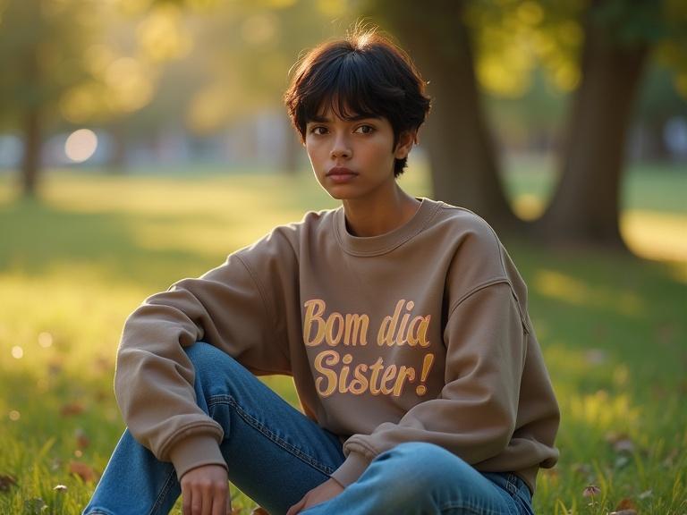 Portrait of a young Latin woman with dark skin wearing a large sweatshirt. She is sitting in a park on a sunny day. The sweatshirt has text. Blue jeans are worn. The image is highly detailed and sharp.