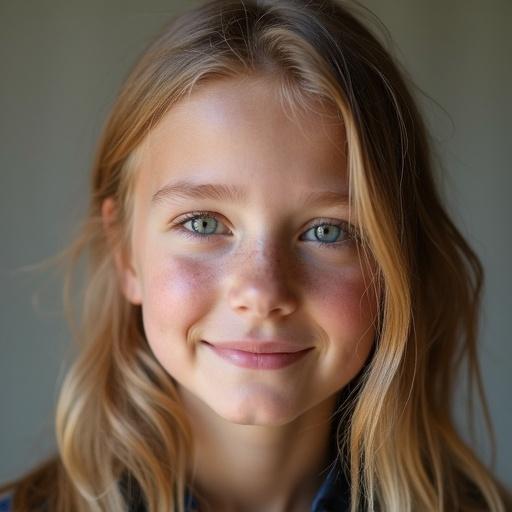 A portrait of a cute girl with blonde hair and blue eyes. The girl is smiling and looking at the camera. Soft natural light is illuminating her face.