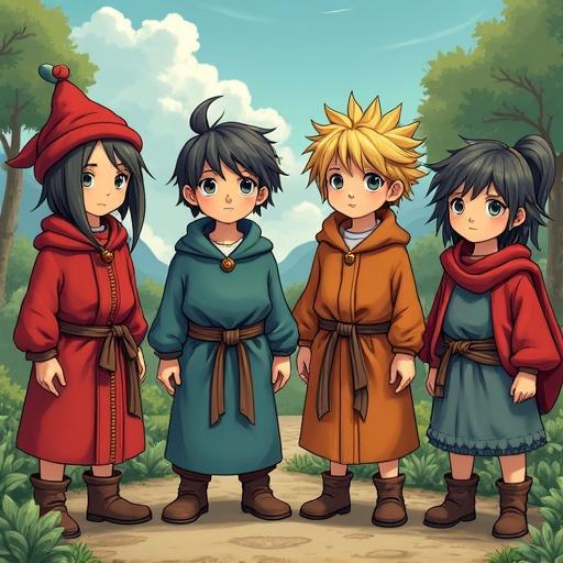 Four children in fantasy costumes standing together. Inspired by Dragon Quest villagers. They wear colorful cloaks with hoods. The background shows green trees and blue sky. Soft lighting makes the scene cheerful.