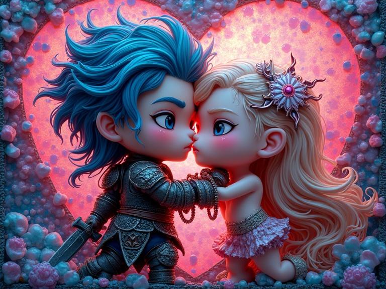 3D digital artwork showcasing chibi-style characters. One is a warrior with blue hair. The other is a sexy female with blonde hair. They are kissing, surrounded by abstract neon colors. The background has a heart shape, featuring iridescent and glass-like textures.