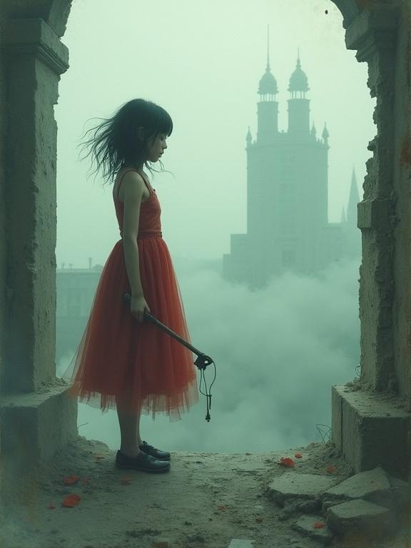 A girl stands in a faded red dress on a crumbling balcony. She holds a rusted key tightly. Her hair drifts in the air. Distant towers loom in the mist. The scene has surreal and emotional qualities.