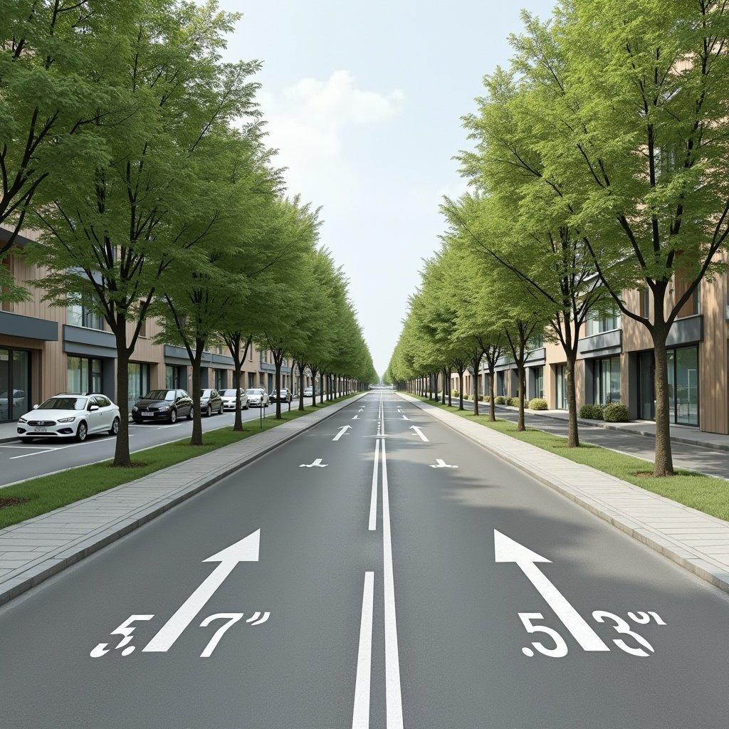 A street has a width of 10 meters. It features a two-way street with 3 meters width in each direction. On both sides, there are pedestrian paths measuring 1.5 meters wide. There are trees spaced 0.5 meters between the car and pedestrian paths.